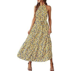 Bohemian Floral V Neck Short Sleeve Split Loose Long Maxi Dress with Slit